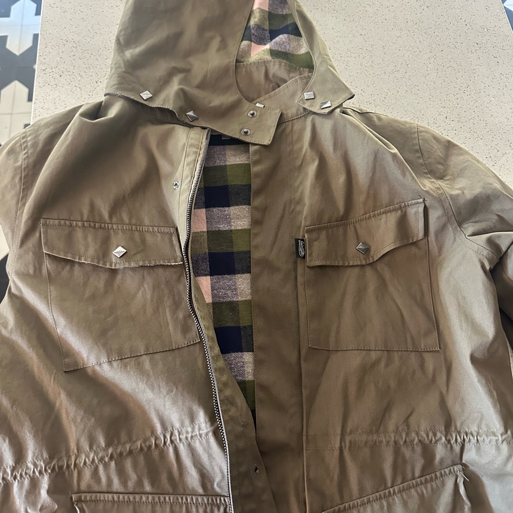 In4mation One of a Kind Olive Green Plaid Lined Jacket w/Removable Hood